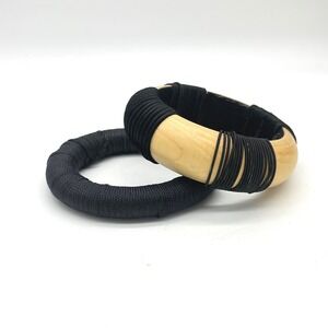 Handmade‎ Wood and Black Cord Wrapped Bangle Bracelet Set Chunky Boho 2pc